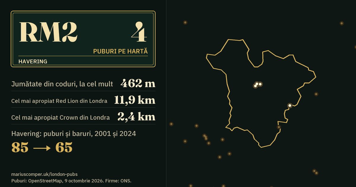 4 puburi pe hartă. Cel mai apropiat Red Lion din Londra: la 11,9 km. Havering: 85 de puburi și baruri în 2001, 65 în 2024.