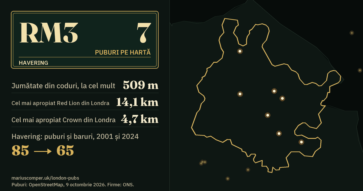 7 puburi pe hartă. Cel mai apropiat Red Lion din Londra: la 14,1 km. Havering: 85 de puburi și baruri în 2001, 65 în 2024.