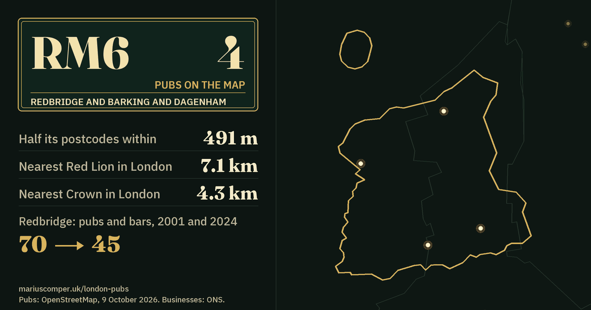 4 pubs on the map. Nearest Red Lion in London: 7.1 km. Redbridge: 70 pubs and bars in 2001, 45 in 2024.