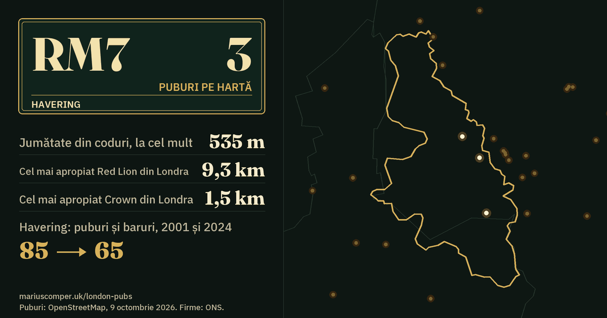 3 puburi pe hartă. Cel mai apropiat Red Lion din Londra: la 9,3 km. Havering: 85 de puburi și baruri în 2001, 65 în 2024.