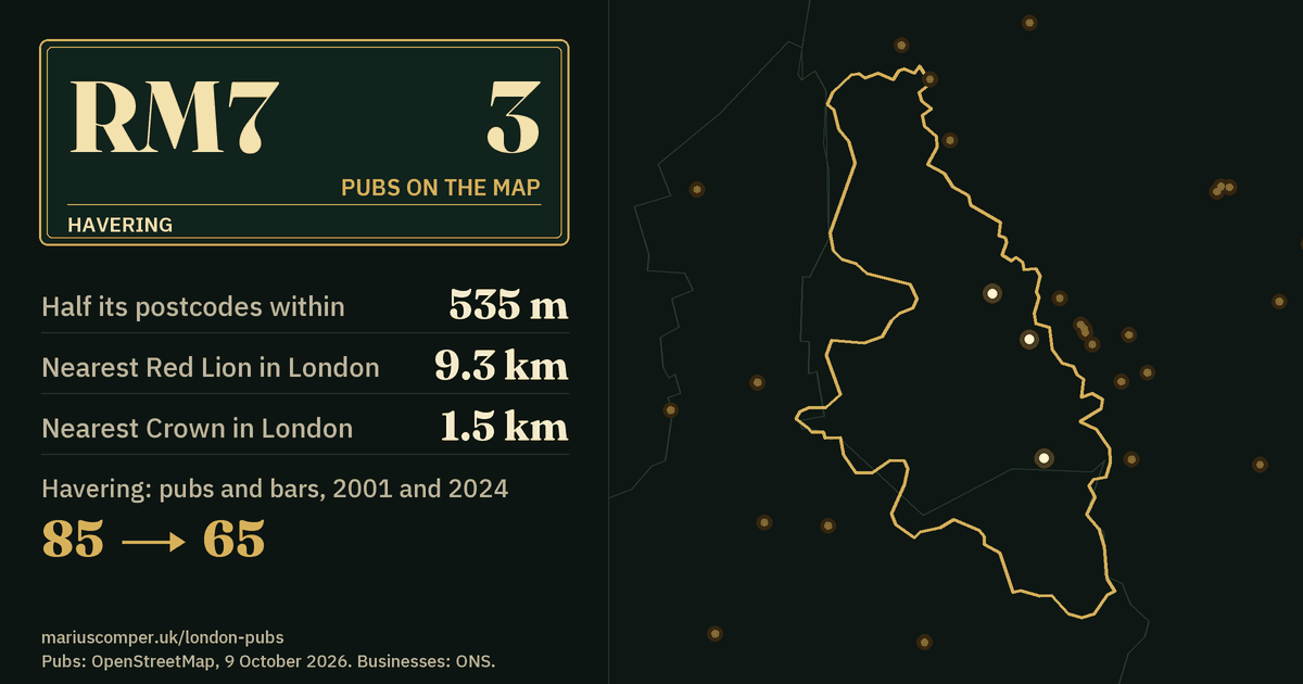 3 pubs on the map. Nearest Red Lion in London: 9.3 km. Havering: 85 pubs and bars in 2001, 65 in 2024.