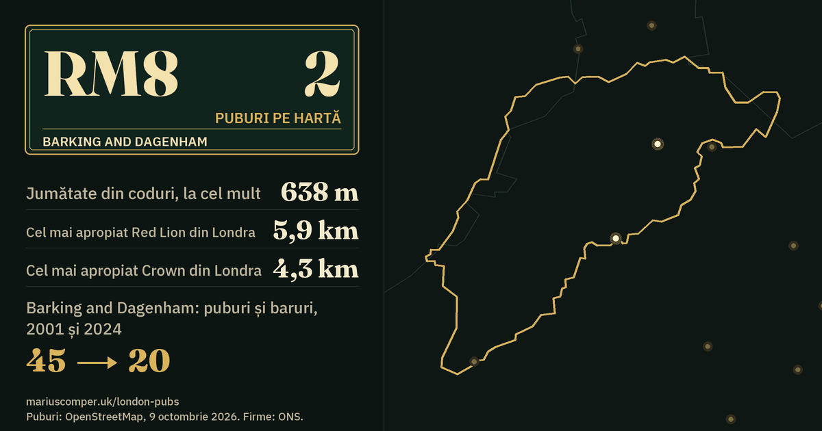 2 puburi pe hartă. Cel mai apropiat Red Lion din Londra: la 5,9 km. Barking and Dagenham: 45 de puburi și baruri în 2001, 20 în 2024.