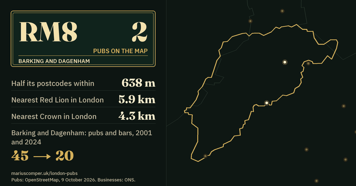 2 pubs on the map. Nearest Red Lion in London: 5.9 km. Barking and Dagenham: 45 pubs and bars in 2001, 20 in 2024.