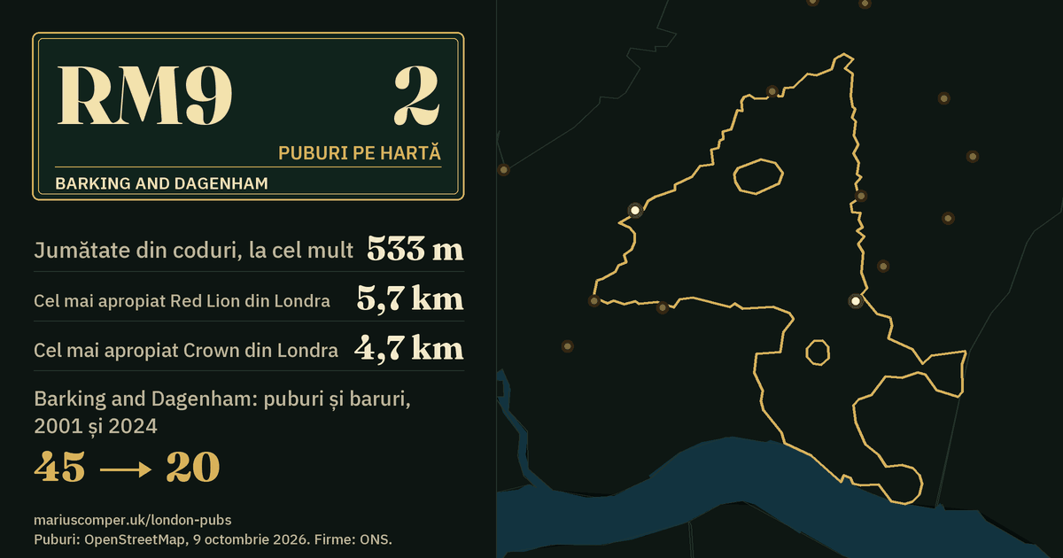 2 puburi pe hartă. Cel mai apropiat Red Lion din Londra: la 5,7 km. Barking and Dagenham: 45 de puburi și baruri în 2001, 20 în 2024.