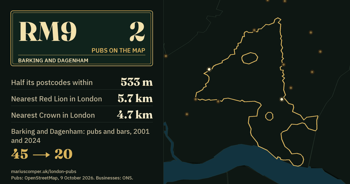 2 pubs on the map. Nearest Red Lion in London: 5.7 km. Barking and Dagenham: 45 pubs and bars in 2001, 20 in 2024.