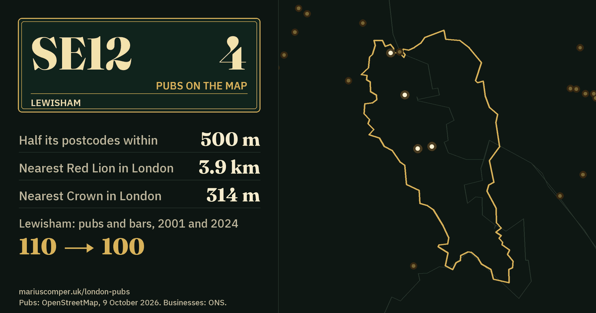 4 pubs on the map. Nearest Red Lion in London: 3.9 km. Lewisham: 110 pubs and bars in 2001, 100 in 2024.