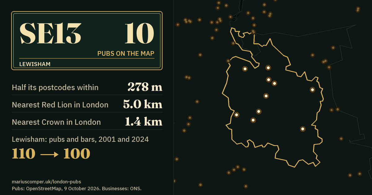 10 pubs on the map. Nearest Red Lion in London: 5.0 km. Lewisham: 110 pubs and bars in 2001, 100 in 2024.