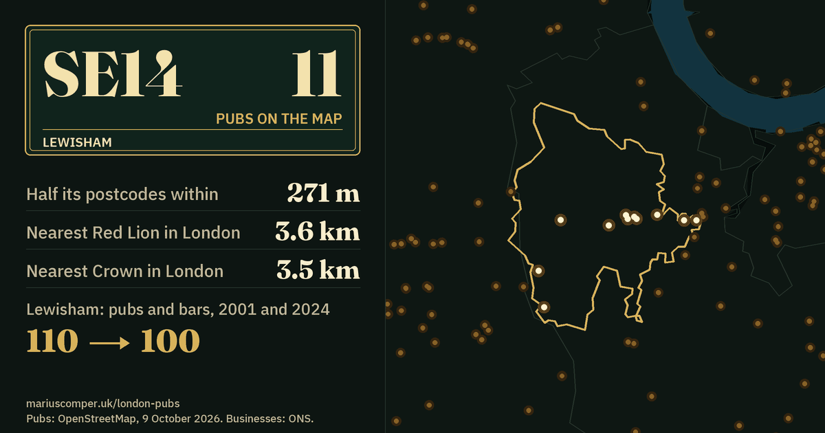 11 pubs on the map. Nearest Red Lion in London: 3.6 km. Lewisham: 110 pubs and bars in 2001, 100 in 2024.