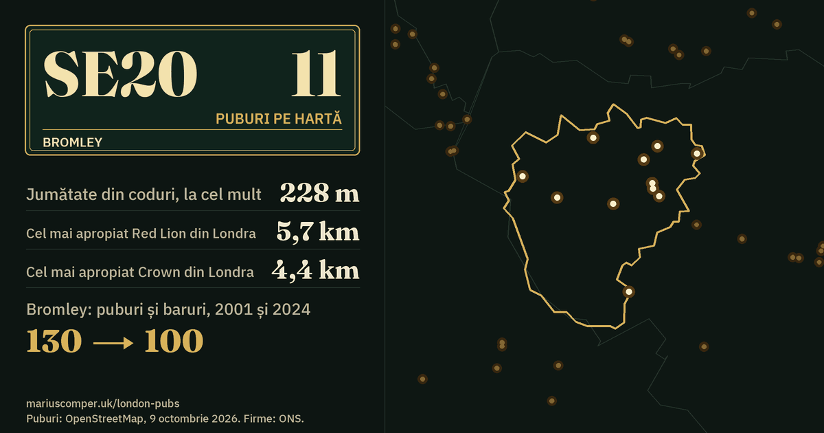 11 puburi pe hartă. Cel mai apropiat Red Lion din Londra: la 5,7 km. Bromley: 130 de puburi și baruri în 2001, 100 în 2024.