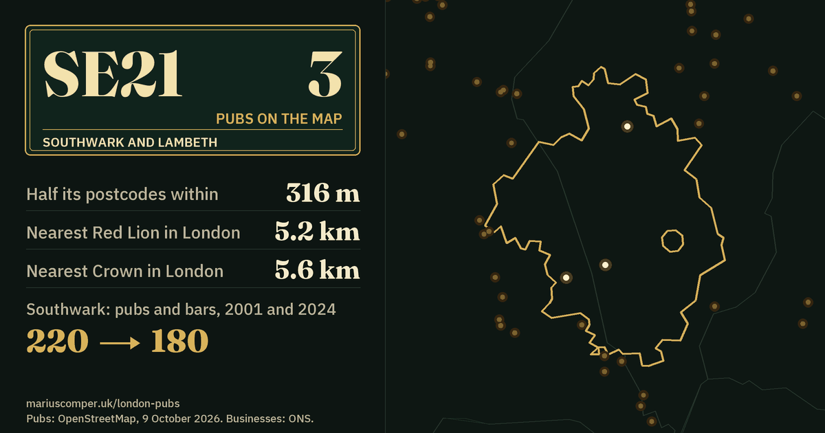 3 pubs on the map. Nearest Red Lion in London: 5.2 km. Southwark: 220 pubs and bars in 2001, 180 in 2024.
