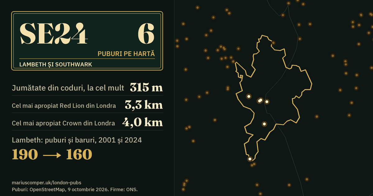6 puburi pe hartă. Cel mai apropiat Red Lion din Londra: la 3,3 km. Lambeth: 190 de puburi și baruri în 2001, 160 în 2024.