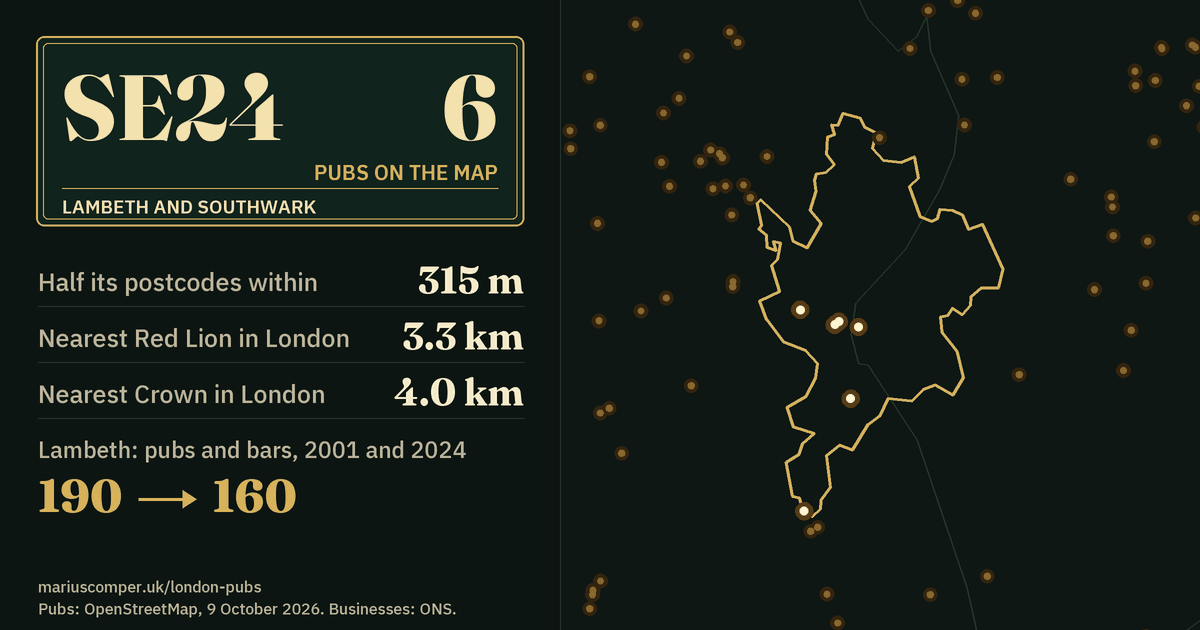 6 pubs on the map. Nearest Red Lion in London: 3.3 km. Lambeth: 190 pubs and bars in 2001, 160 in 2024.