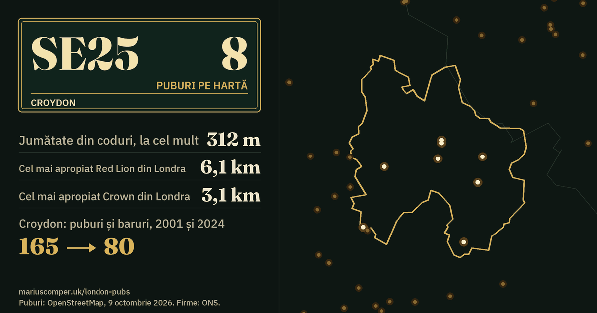 8 puburi pe hartă. Cel mai apropiat Red Lion din Londra: la 6,1 km. Croydon: 165 de puburi și baruri în 2001, 80 în 2024.