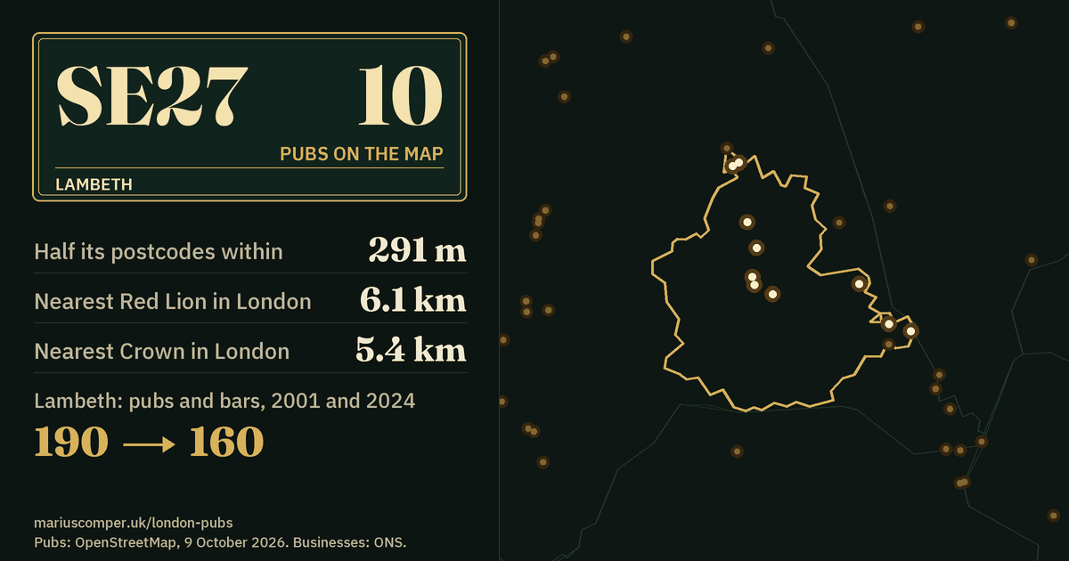 10 pubs on the map. Nearest Red Lion in London: 6.1 km. Lambeth: 190 pubs and bars in 2001, 160 in 2024.