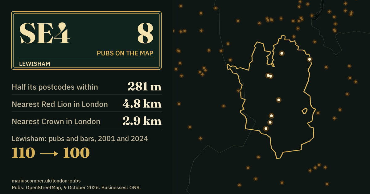 8 pubs on the map. Nearest Red Lion in London: 4.8 km. Lewisham: 110 pubs and bars in 2001, 100 in 2024.