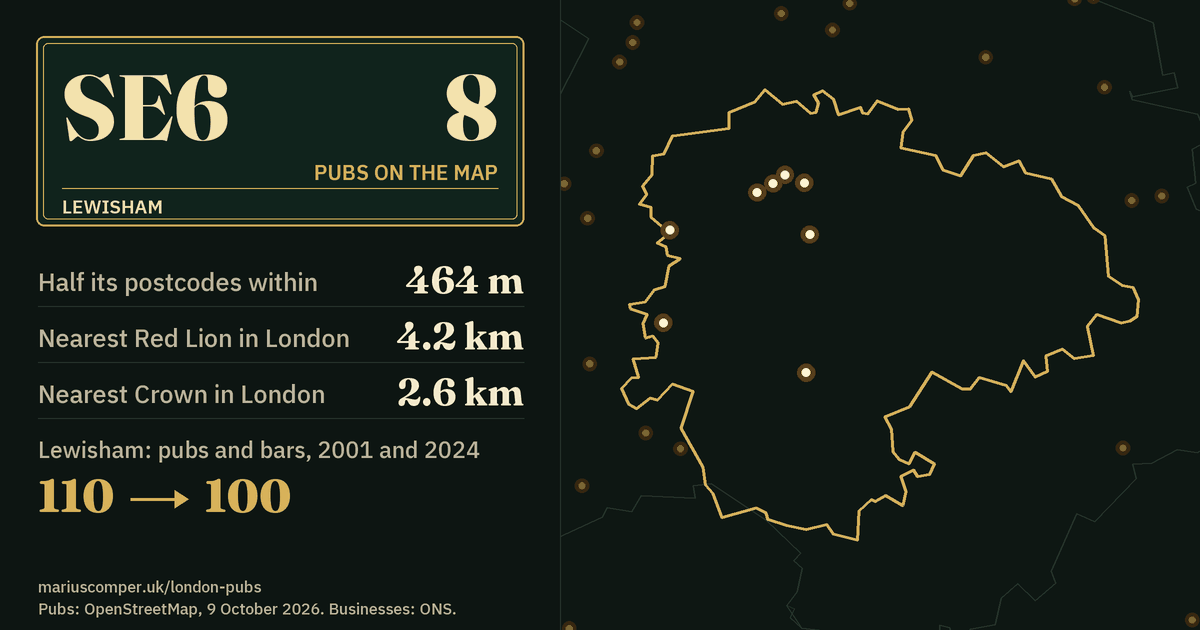 8 pubs on the map. Nearest Red Lion in London: 4.2 km. Lewisham: 110 pubs and bars in 2001, 100 in 2024.
