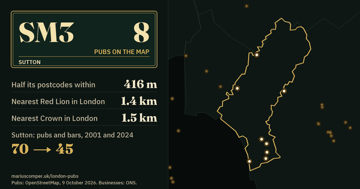 8 pubs on the map. Nearest Red Lion in London: 1.4 km. Sutton: 70 pubs and bars in 2001, 45 in 2024.
