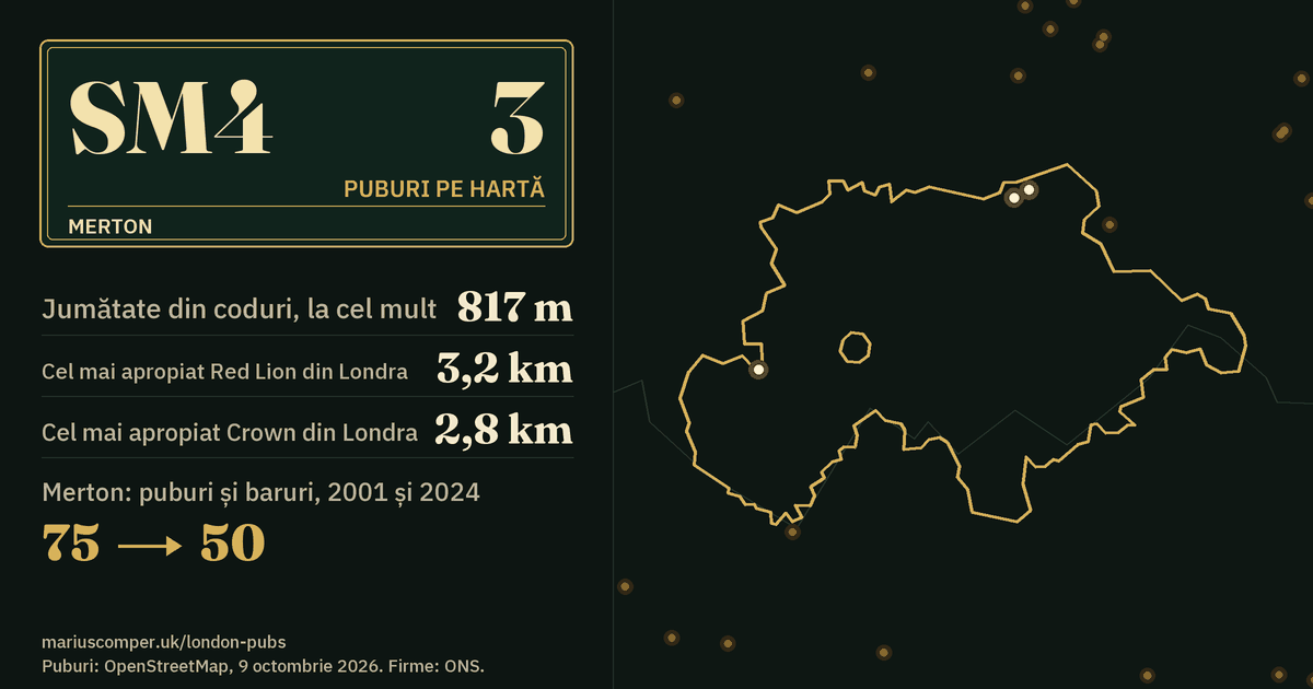 3 puburi pe hartă. Cel mai apropiat Red Lion din Londra: la 3,2 km. Merton: 75 de puburi și baruri în 2001, 50 în 2024.