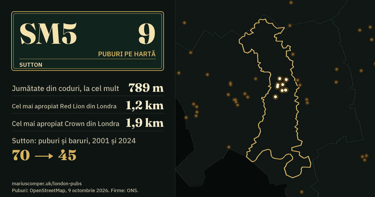 9 puburi pe hartă. Cel mai apropiat Red Lion din Londra: la 1,2 km. Sutton: 70 de puburi și baruri în 2001, 45 în 2024.