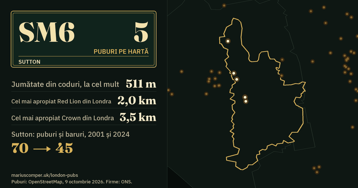 5 puburi pe hartă. Cel mai apropiat Red Lion din Londra: la 2,0 km. Sutton: 70 de puburi și baruri în 2001, 45 în 2024.