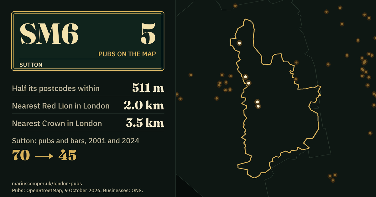 5 pubs on the map. Nearest Red Lion in London: 2.0 km. Sutton: 70 pubs and bars in 2001, 45 in 2024.