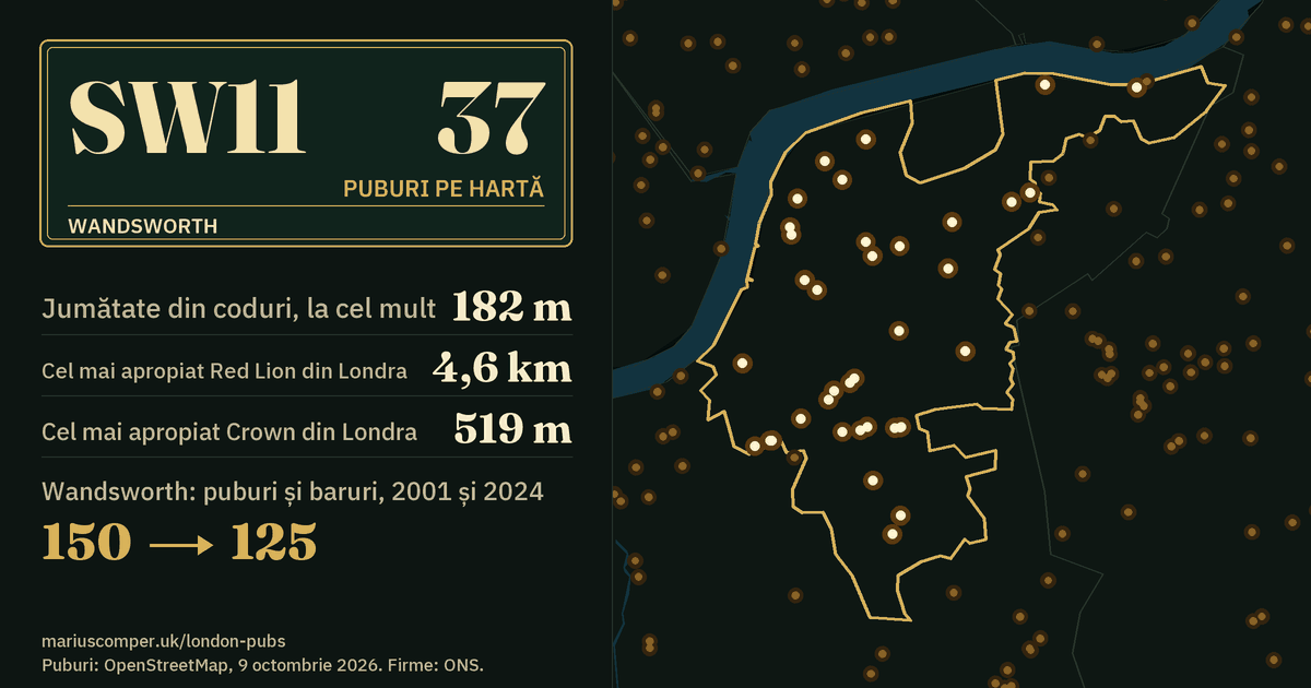 37 de puburi pe hartă. Cel mai apropiat Red Lion din Londra: la 4,6 km. Wandsworth: 150 de puburi și baruri în 2001, 125 în 2024.