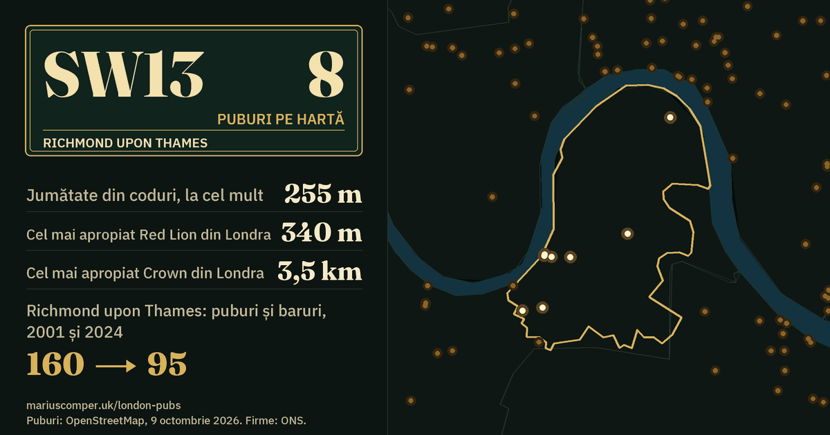 8 puburi pe hartă. Cel mai apropiat Red Lion din Londra: la 340 m. Richmond upon Thames: 160 de puburi și baruri în 2001, 95 în 2024.