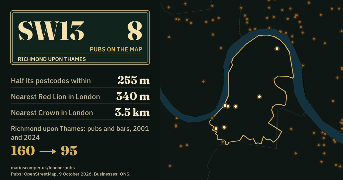 8 pubs on the map. Nearest Red Lion in London: 340 m. Richmond upon Thames: 160 pubs and bars in 2001, 95 in 2024.