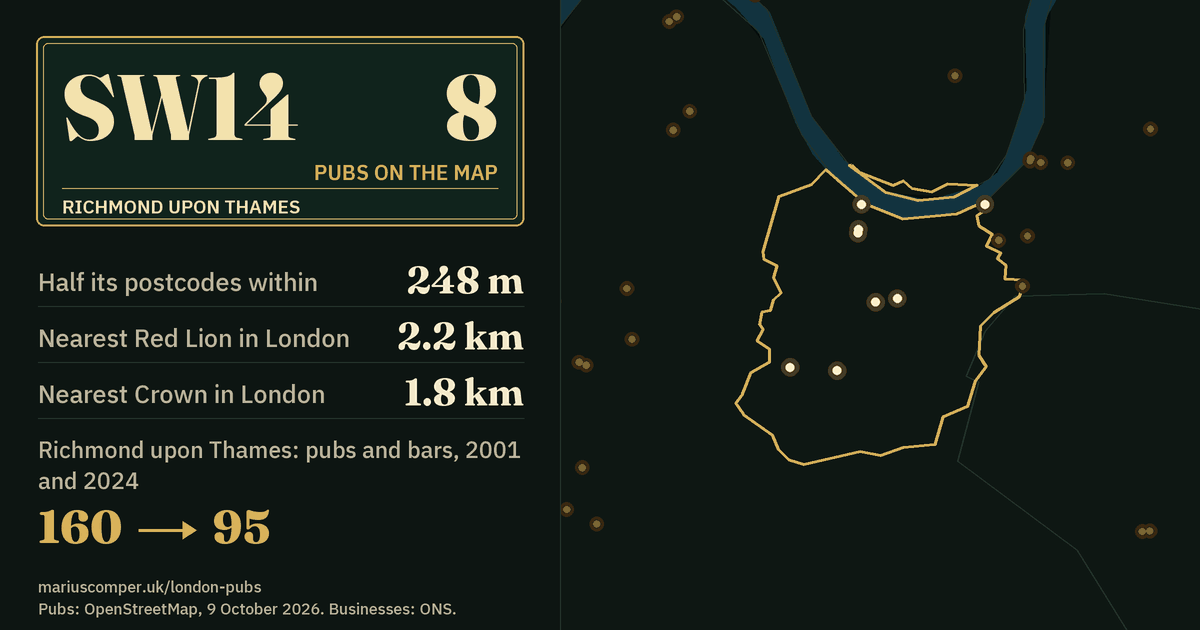 8 pubs on the map. Nearest Red Lion in London: 2.2 km. Richmond upon Thames: 160 pubs and bars in 2001, 95 in 2024.