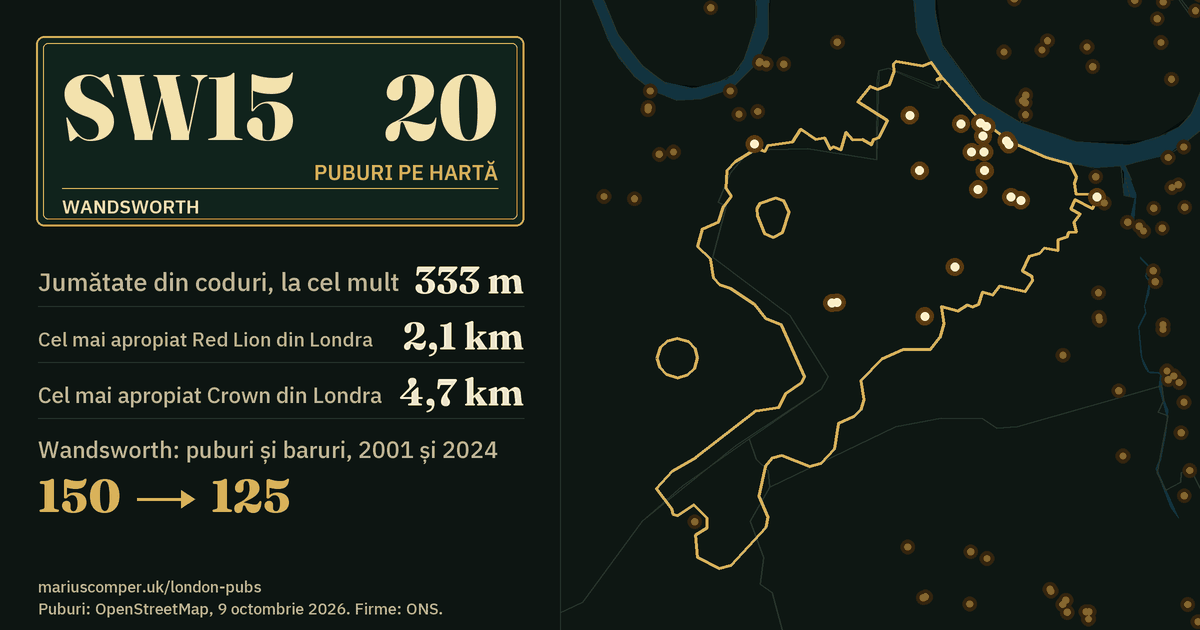 20 de puburi pe hartă. Cel mai apropiat Red Lion din Londra: la 2,1 km. Wandsworth: 150 de puburi și baruri în 2001, 125 în 2024.