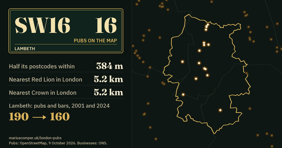 16 pubs on the map. Nearest Red Lion in London: 5.2 km. Lambeth: 190 pubs and bars in 2001, 160 in 2024.