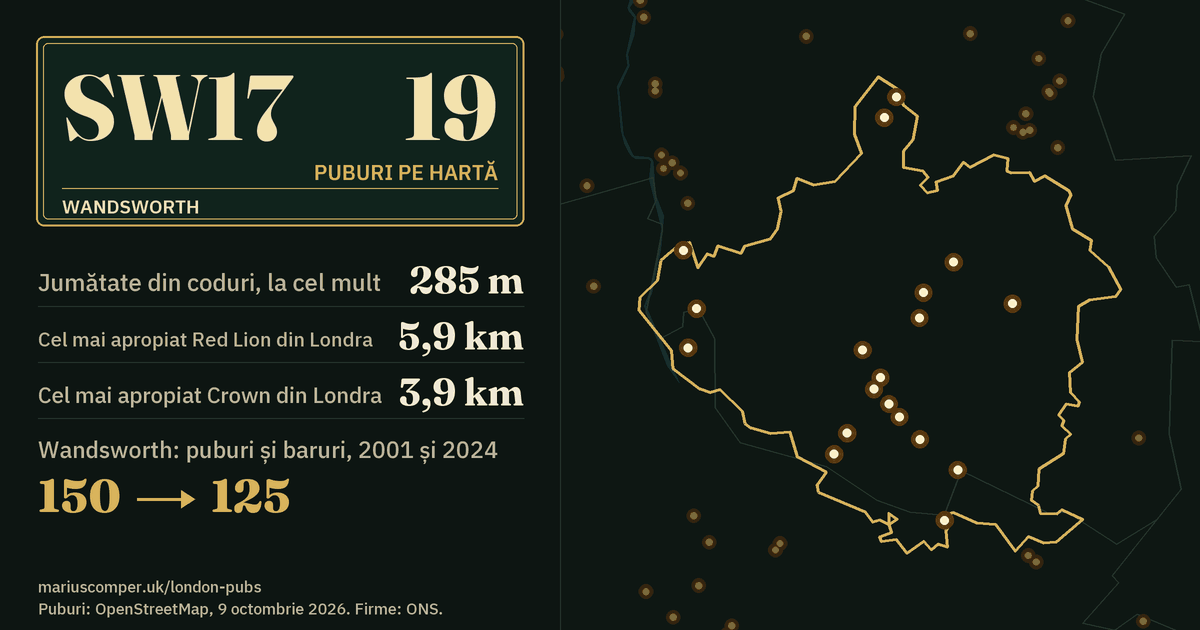 19 puburi pe hartă. Cel mai apropiat Red Lion din Londra: la 5,9 km. Wandsworth: 150 de puburi și baruri în 2001, 125 în 2024.