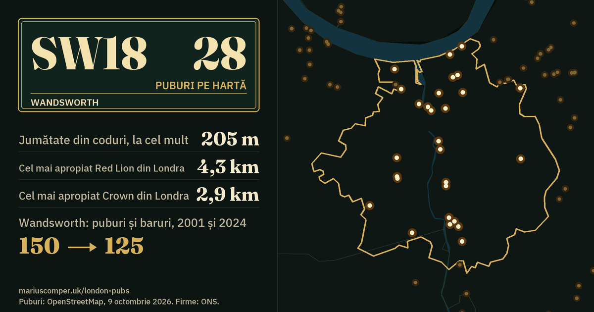 28 de puburi pe hartă. Cel mai apropiat Red Lion din Londra: la 4,3 km. Wandsworth: 150 de puburi și baruri în 2001, 125 în 2024.