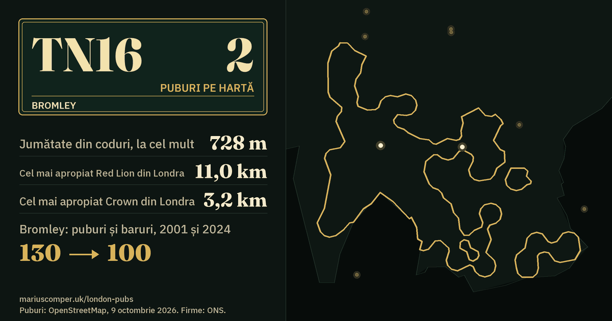 2 puburi pe hartă. Cel mai apropiat Red Lion din Londra: la 11,0 km. Bromley: 130 de puburi și baruri în 2001, 100 în 2024.