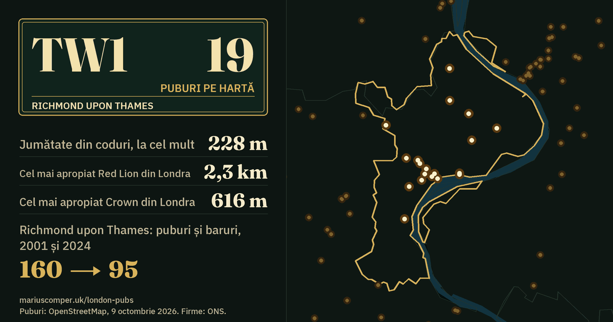 19 puburi pe hartă. Cel mai apropiat Red Lion din Londra: la 2,3 km. Richmond upon Thames: 160 de puburi și baruri în 2001, 95 în 2024.