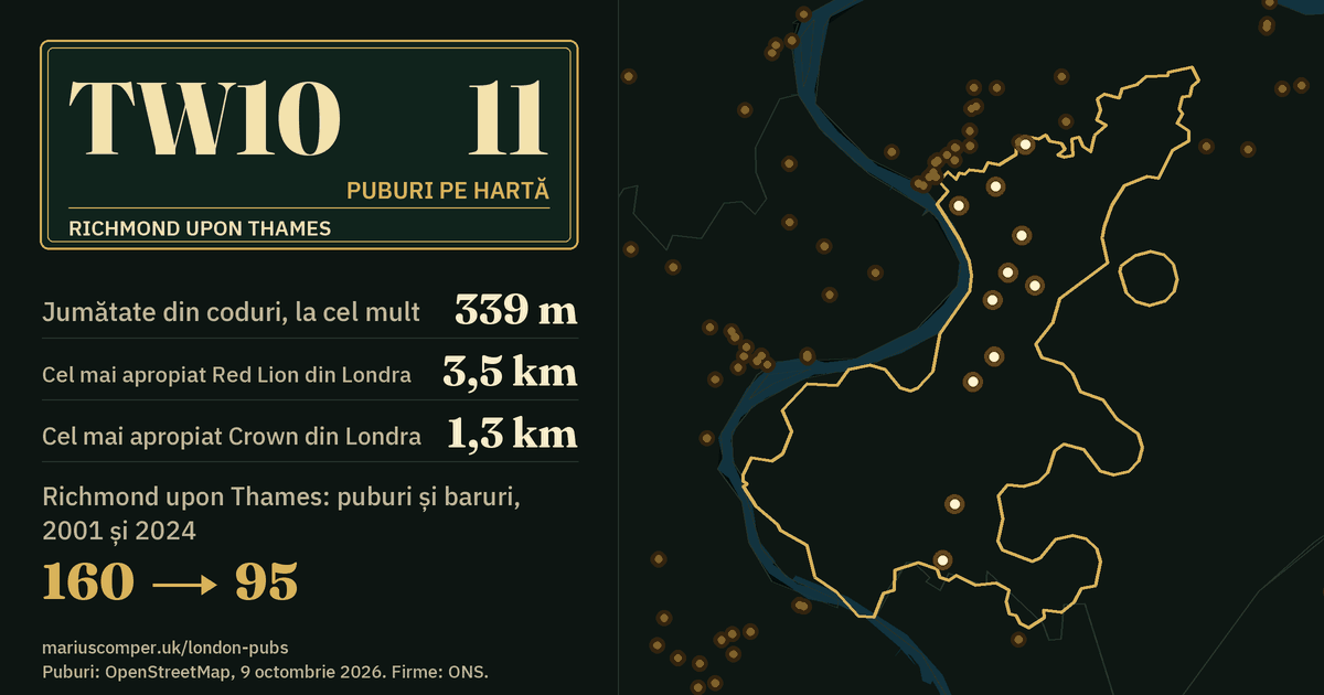 11 puburi pe hartă. Cel mai apropiat Red Lion din Londra: la 3,5 km. Richmond upon Thames: 160 de puburi și baruri în 2001, 95 în 2024.