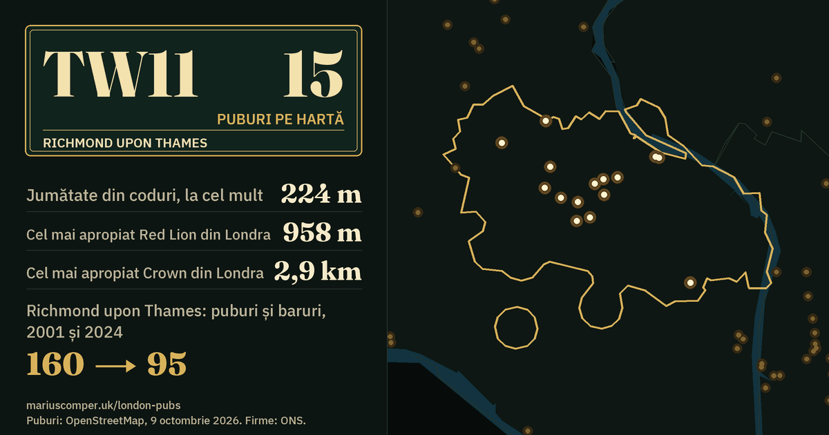 15 puburi pe hartă. Cel mai apropiat Red Lion din Londra: la 958 m. Richmond upon Thames: 160 de puburi și baruri în 2001, 95 în 2024.