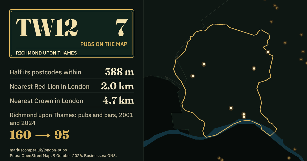 7 pubs on the map. Nearest Red Lion in London: 2.0 km. Richmond upon Thames: 160 pubs and bars in 2001, 95 in 2024.
