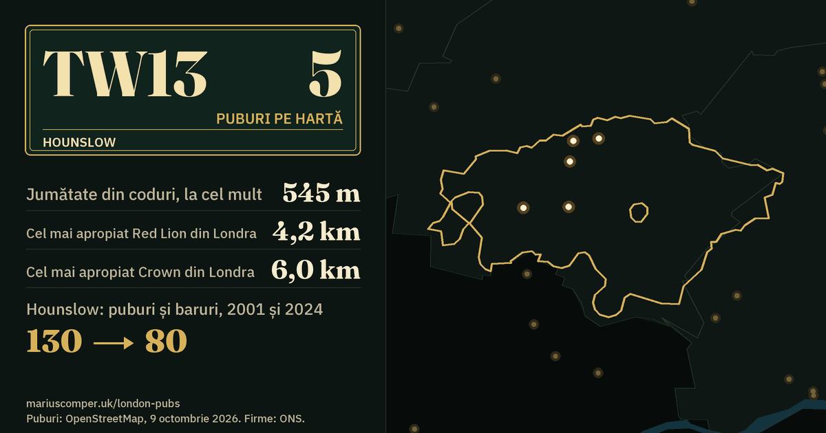 5 puburi pe hartă. Cel mai apropiat Red Lion din Londra: la 4,2 km. Hounslow: 130 de puburi și baruri în 2001, 80 în 2024.