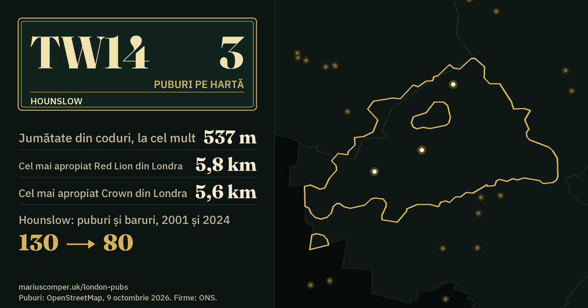 3 puburi pe hartă. Cel mai apropiat Red Lion din Londra: la 5,8 km. Hounslow: 130 de puburi și baruri în 2001, 80 în 2024.