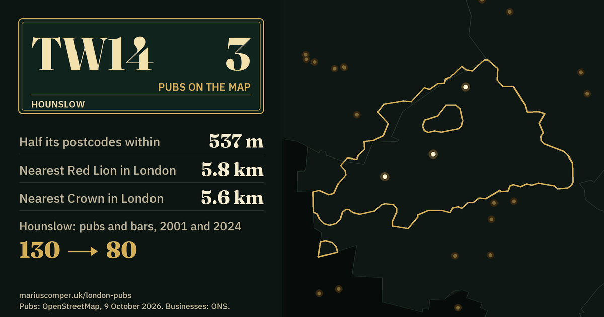 3 pubs on the map. Nearest Red Lion in London: 5.8 km. Hounslow: 130 pubs and bars in 2001, 80 in 2024.