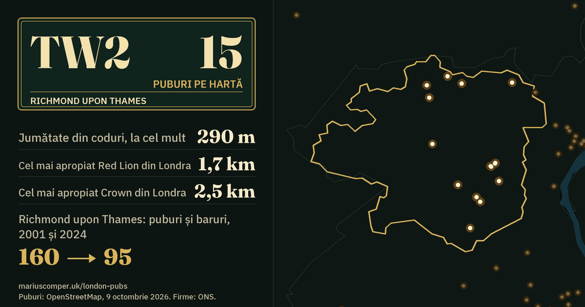 15 puburi pe hartă. Cel mai apropiat Red Lion din Londra: la 1,7 km. Richmond upon Thames: 160 de puburi și baruri în 2001, 95 în 2024.