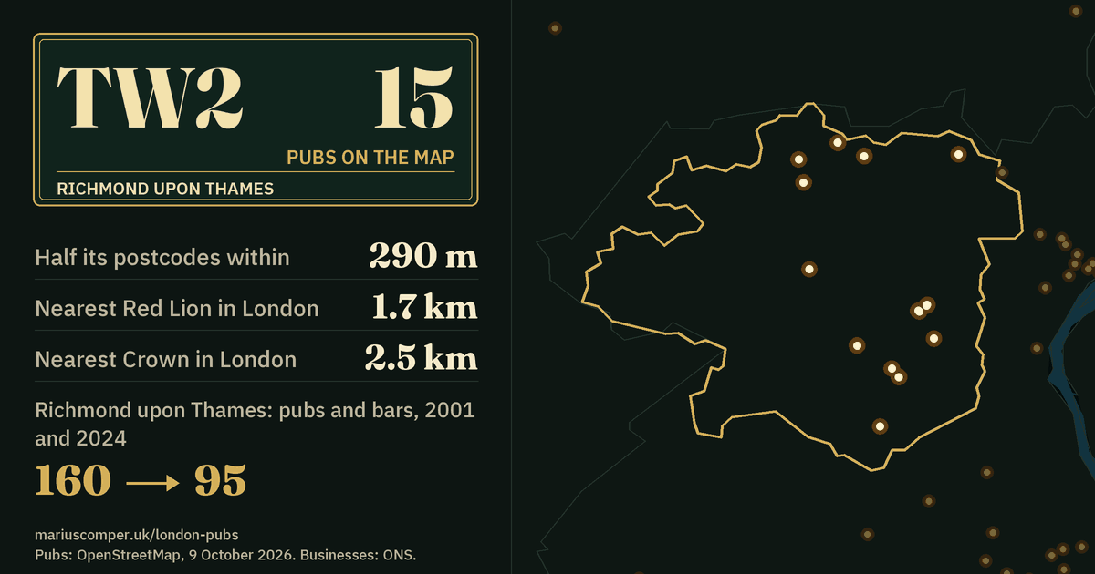 15 pubs on the map. Nearest Red Lion in London: 1.7 km. Richmond upon Thames: 160 pubs and bars in 2001, 95 in 2024.