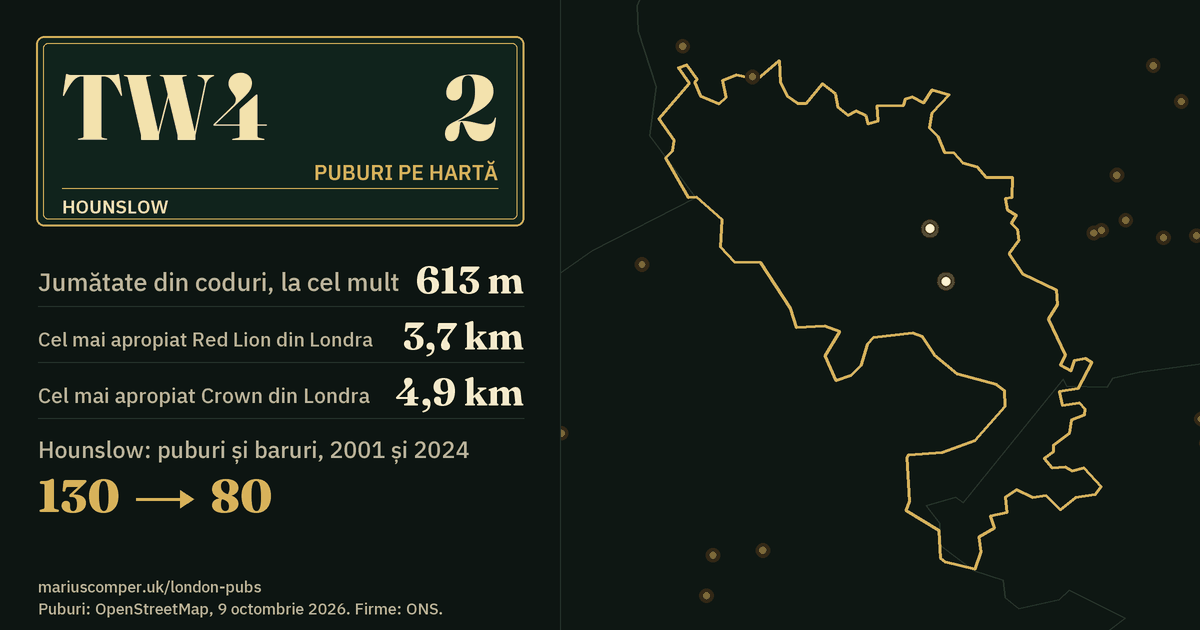 2 puburi pe hartă. Cel mai apropiat Red Lion din Londra: la 3,7 km. Hounslow: 130 de puburi și baruri în 2001, 80 în 2024.
