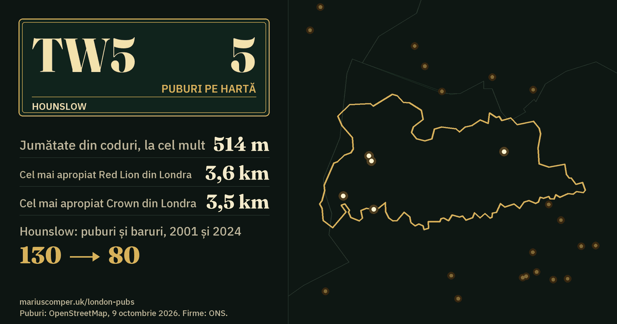 5 puburi pe hartă. Cel mai apropiat Red Lion din Londra: la 3,6 km. Hounslow: 130 de puburi și baruri în 2001, 80 în 2024.