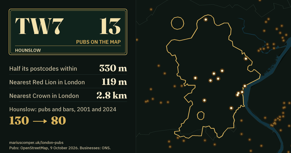 13 pubs on the map. Nearest Red Lion in London: 119 m. Hounslow: 130 pubs and bars in 2001, 80 in 2024.