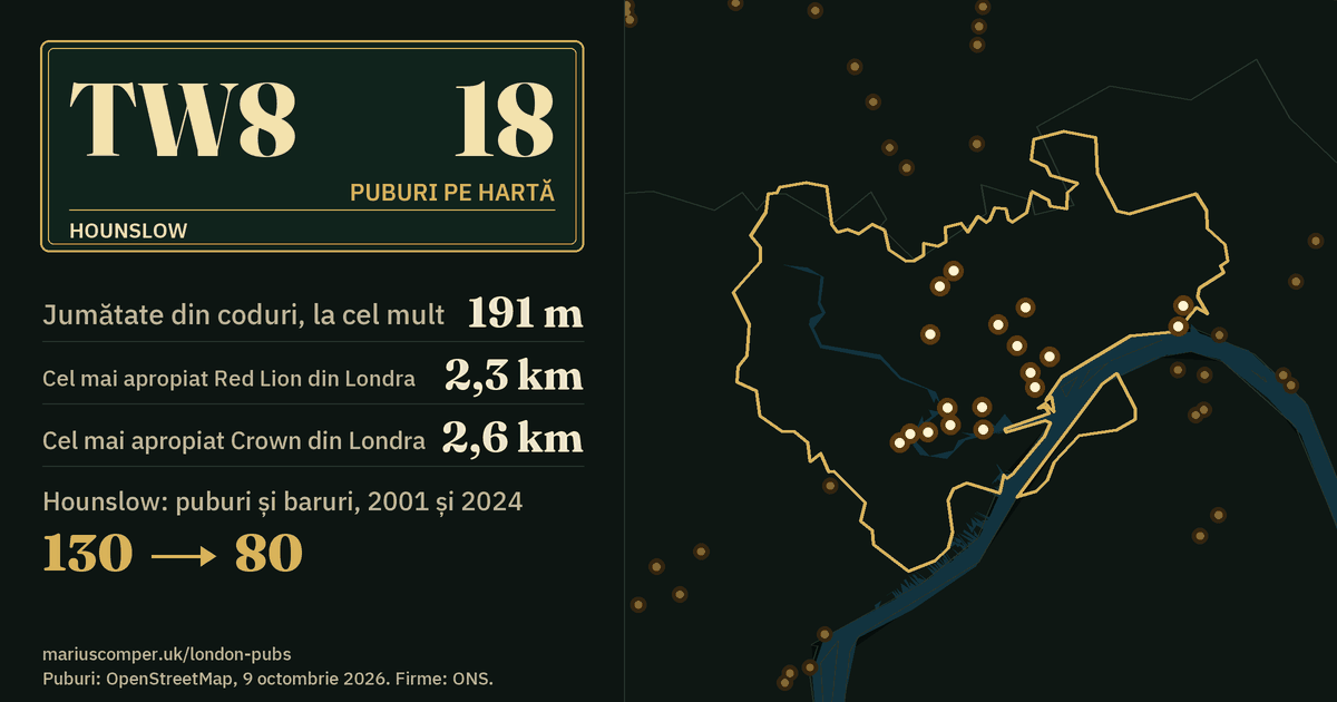 18 puburi pe hartă. Cel mai apropiat Red Lion din Londra: la 2,3 km. Hounslow: 130 de puburi și baruri în 2001, 80 în 2024.