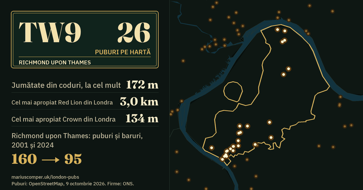 26 de puburi pe hartă. Cel mai apropiat Red Lion din Londra: la 3,0 km. Richmond upon Thames: 160 de puburi și baruri în 2001, 95 în 2024.