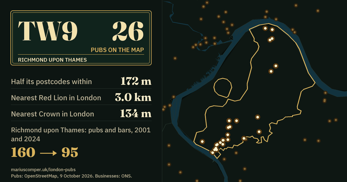 26 pubs on the map. Nearest Red Lion in London: 3.0 km. Richmond upon Thames: 160 pubs and bars in 2001, 95 in 2024.