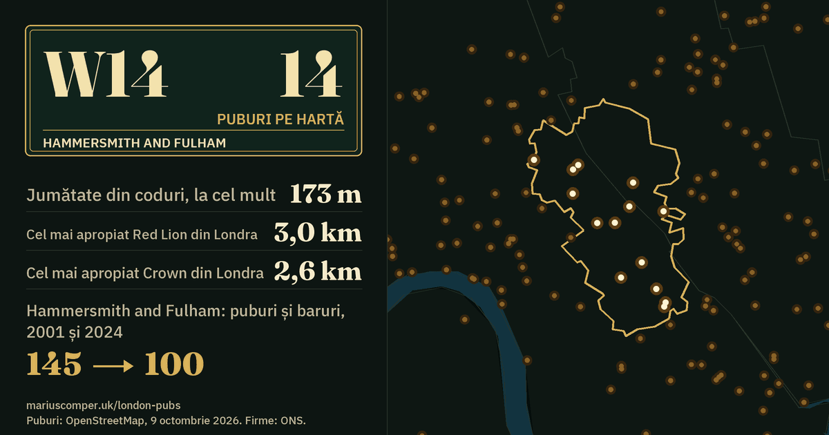 14 puburi pe hartă. Cel mai apropiat Red Lion din Londra: la 3,0 km. Hammersmith and Fulham: 145 de puburi și baruri în 2001, 100 în 2024.